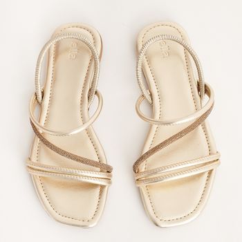 Sandália rasteira com detalhe de manta de strass - CHAMPAGNE/DOURADO