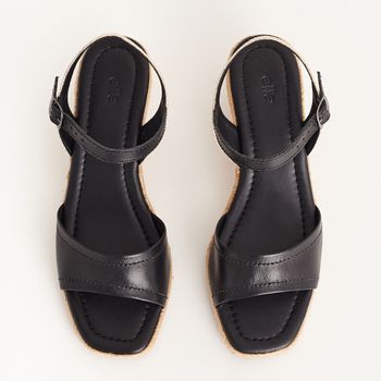 Anabela Casual em Couro - PRETO/NATURAL