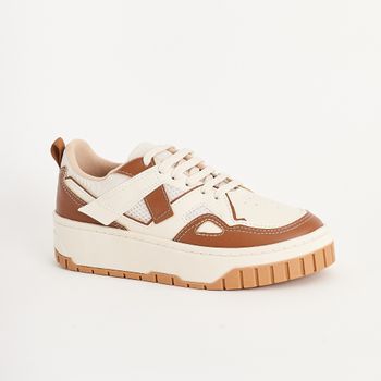 Tênis Casual com Recortes Floater e Tela - CARAMELO/OFF WHITE