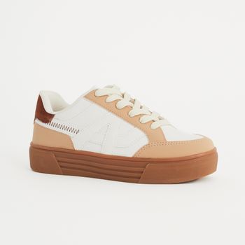Tênis com Recortes em Camurça e Nobuck - PALHA/OFF WHITE/CARAMELO