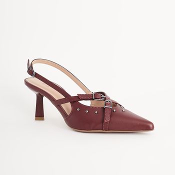 Scarpin Slingback com Tachas e Fivelas - BURGUNDY