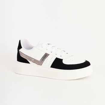 Tênis Casual com Mix de Texturas - PRETO/BRANCO/ONIX