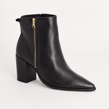 Bota de Couro com Salto Bloco e Bico Fino - PRETA