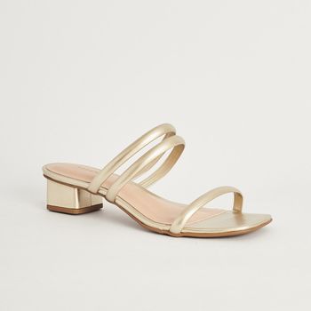 Tamanco Metalizado Tiras Salto Bloco - CHAMPAGNE