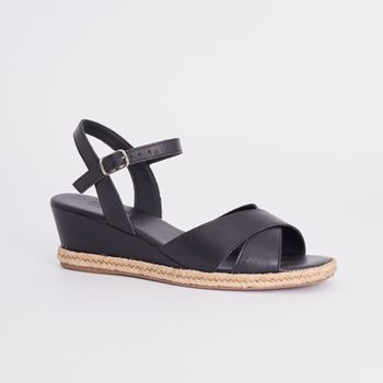 Sandália Anabela Couro Tiras Cruzadas - PRETA